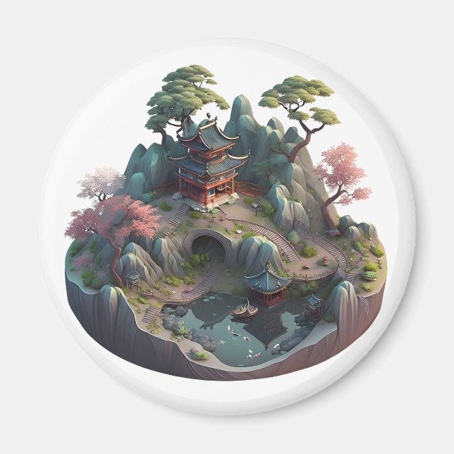Cute Chinese Fantasy 3D Landscape Round Magnet (Front)
