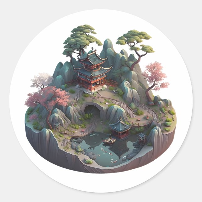 Cute Chinese Fantasy 3D Landscape Round Stickers (Front)
