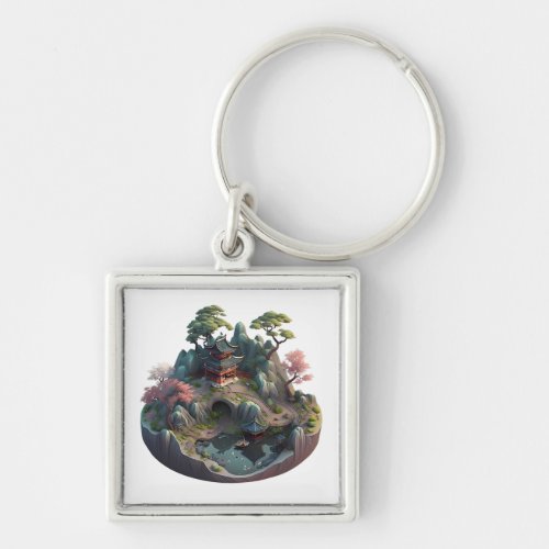 Cute Chinese Fantasy 3D Landscape Square Keychain