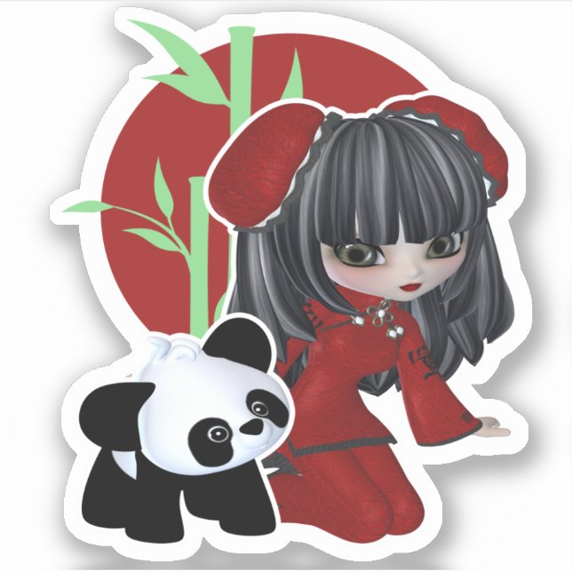 Cute Chinese Girl With Panda And Bamboo Sticker (Front)