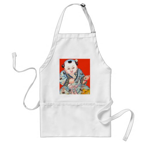 Cute Chinese Laughing Good Luck Buddha on red Adult Apron