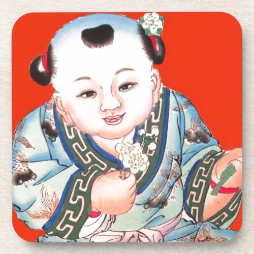 Cute Chinese Laughing Good Luck Buddha on red Beverage Coaster