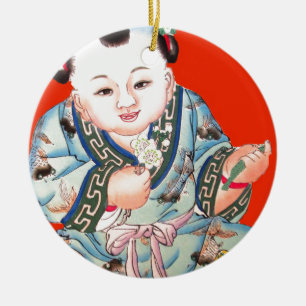 Cute Chinese Laughing Good Luck Buddha on red Ceramic Ornament