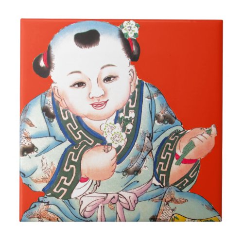 Cute Chinese Laughing Good Luck Buddha on red Ceramic Tile