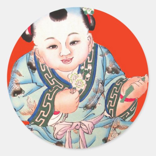 Cute Chinese Laughing Good Luck Buddha on red Classic Round Sticker