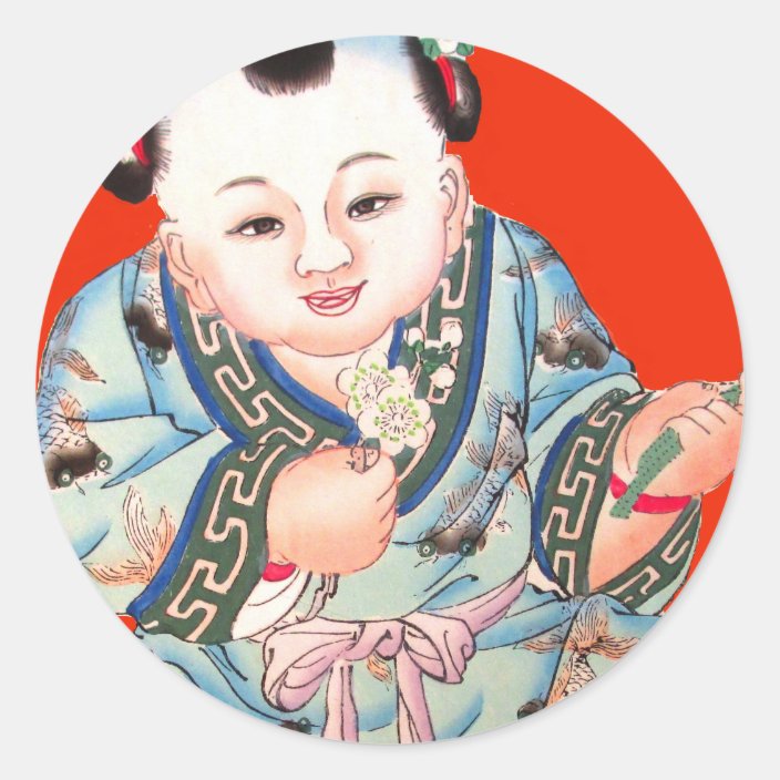 Cute Chinese Laughing Good Luck Buddha on red Classic Round Sticker