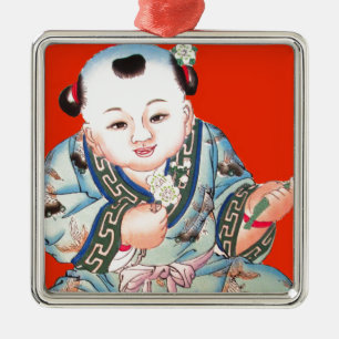 Cute Chinese Laughing Good Luck Buddha on red Metal Ornament