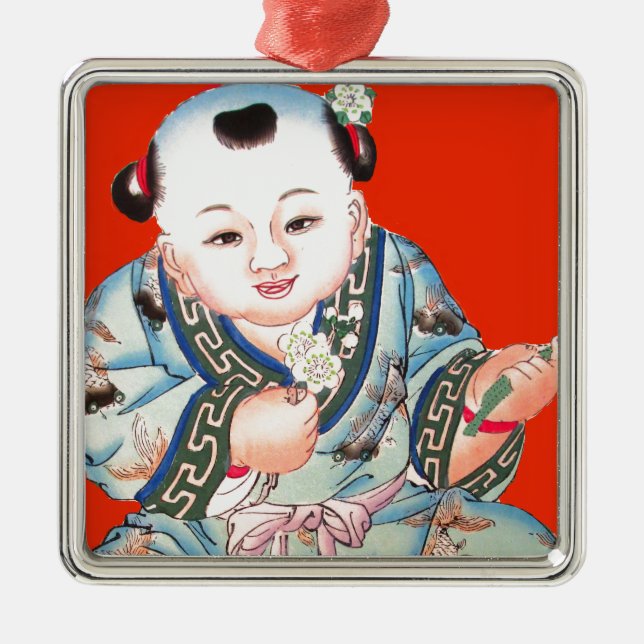 Cute Chinese Laughing Good Luck Buddha on red Metal Ornament (Front)