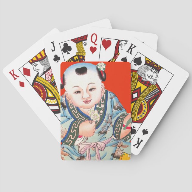 Cute Chinese Laughing Good Luck Buddha on red Poker Cards (Back)