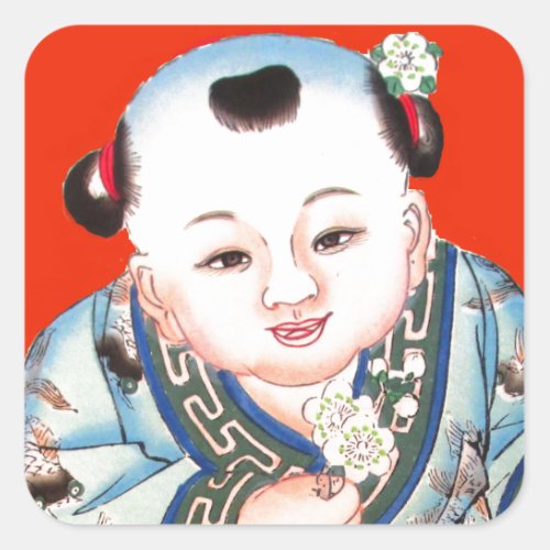 Cute Chinese Laughing Good Luck Buddha on red Square Sticker