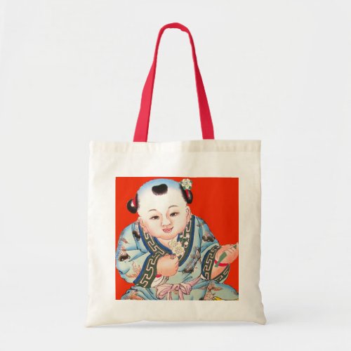 Cute Chinese Laughing Good Luck Buddha on red Tote Bag