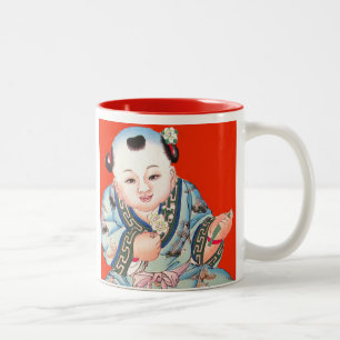 Cute Chinese Laughing Good Luck Buddha on red Two-Tone Coffee Mug
