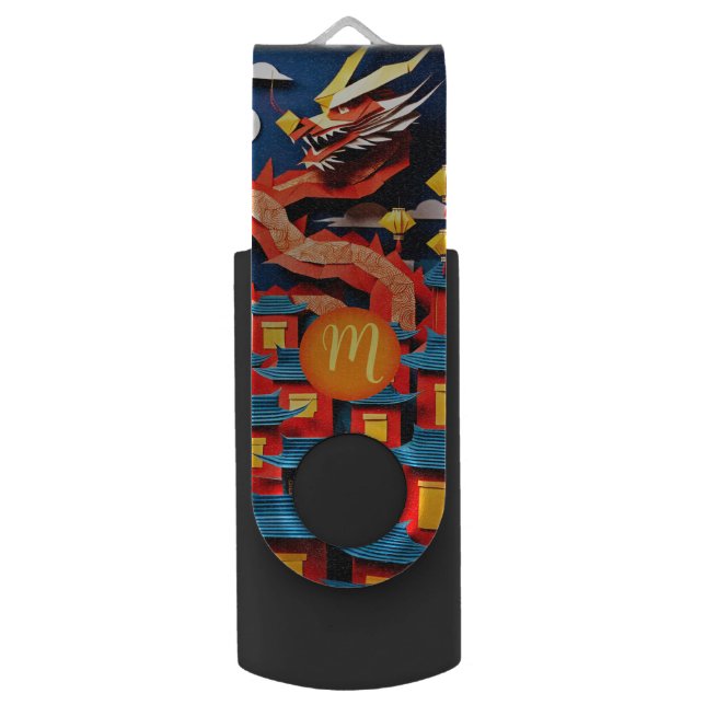 Cute Chinese New Year Dragon Origami Monogram 3USB Flash Drive (Front Vertical)