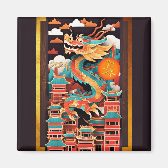 Cute Chinese New Year Dragon Origami SqM2 Magnet (Front)