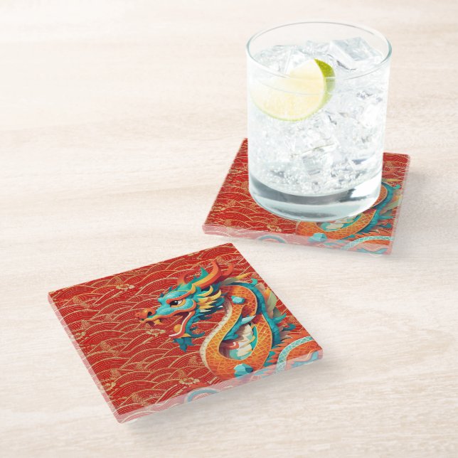 Cute Chinese New Year Dragon Zodiac Birthday GlSC Glass Coaster (Angled)
