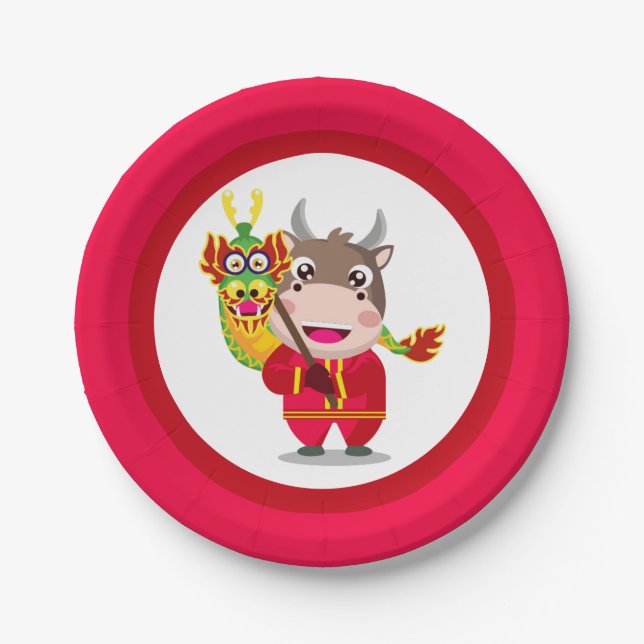 Cute Chinese New Year of the Ox Traits Paper Plates (Front)