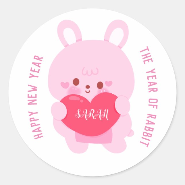 Cute Chinese New Year of The Rabbit Custom Name Classic Round Sticker (Front)
