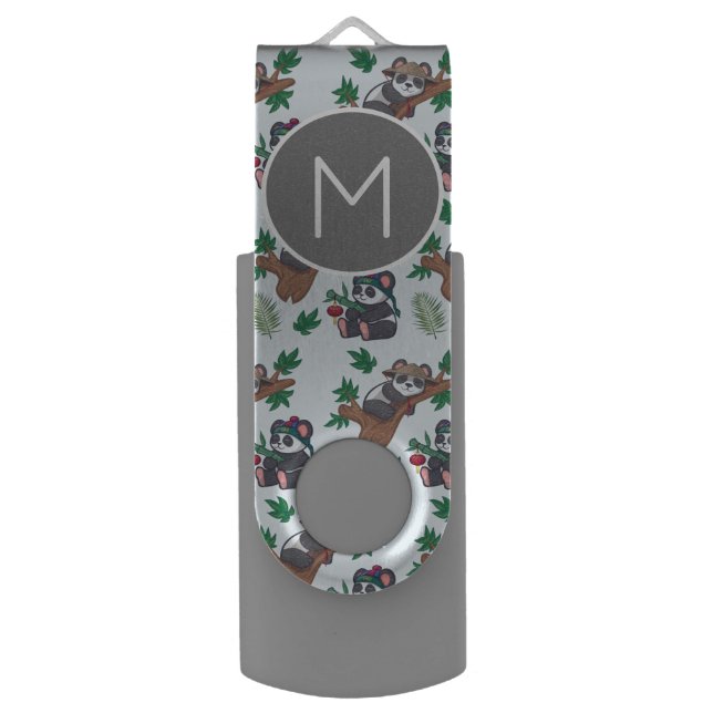 Cute Chinese Pandas Pattern Monogram Flash Drive (Front Vertical)