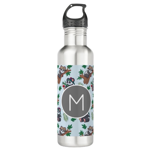 Cute Chinese Pandas Pattern Monogram Stainless Steel Water Bottle (Front)