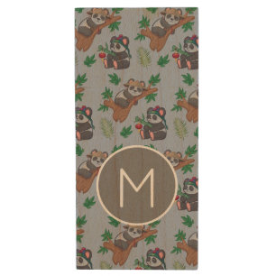Cute Chinese Pandas Pattern Monogram Wood Flash Drive