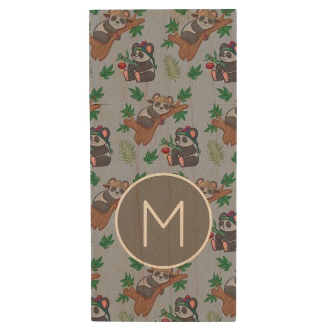 Cute Chinese Pandas Pattern Monogram Wood Flash Drive (Front Vertical)