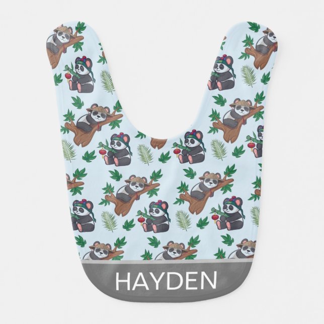 Cute Chinese Pandas Pattern Personalised Baby Bib (Front)