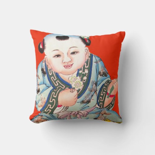 Cute Chinese red laughing Buddha Asian art Throw Pillow