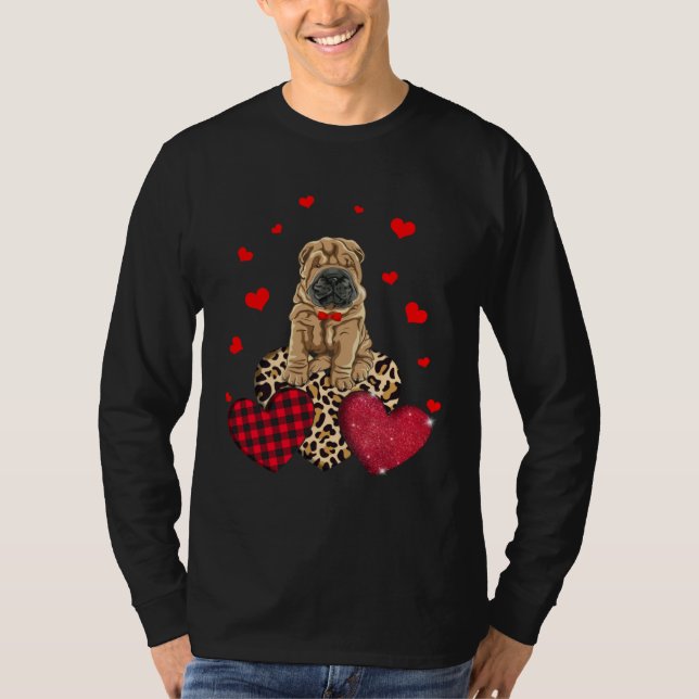 Cute Chinese Shar Pei With Leopard Red Plaid Heart T-Shirt (Front)