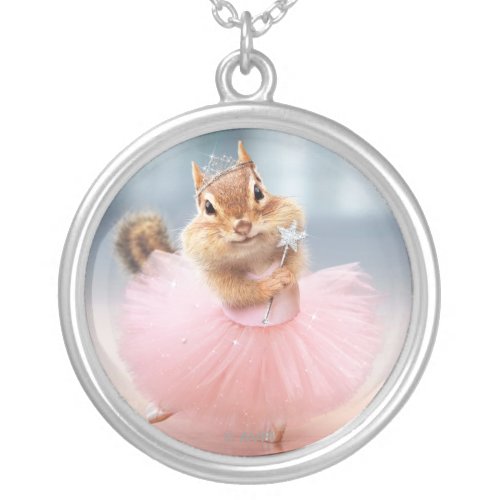 Cute Chipmunk Ballerina in tutu at Dance Studio Silver Plated Necklace