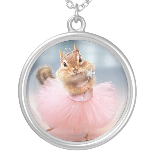 Cute Chipmunk Ballerina in tutu at Dance Studio Silver Plated Necklace (Front)