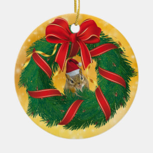Cute Chipmunk Christmas Wreath Ceramic Ornament