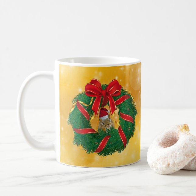 Cute Chipmunk Christmas Wreath Coffee Mug (With Donut)