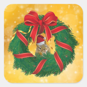 Cute Chipmunk Christmas Wreath Square Sticker