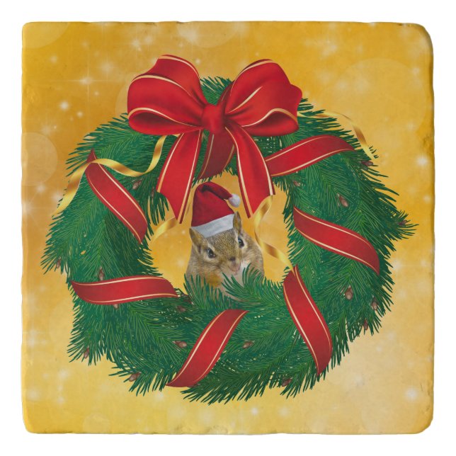 Cute Chipmunk Christmas Wreath Trivet (Front)