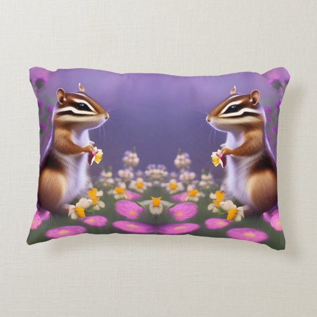 Cute Chipmunk in Flowers Accent Pillow (Back)