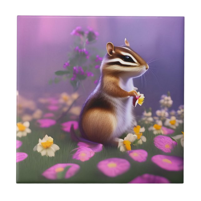 Cute Chipmunk in Flowers  Ceramic Tile (Front)