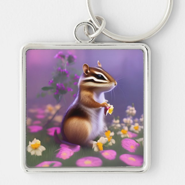 Cute Chipmunk in Flowers  Keychain (Front)
