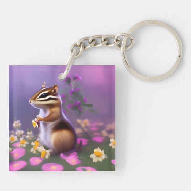 Cute Chipmunk in Flowers  Keychain (Back)