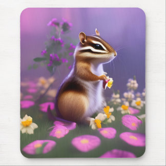 Cute Chipmunk in Flowers Mouse Pad