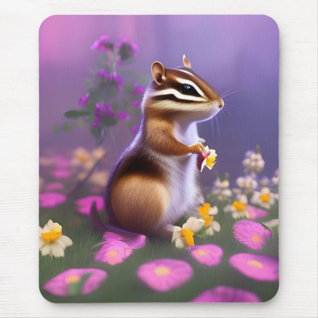 Cute Chipmunk in Flowers  Mouse Pad (Front)