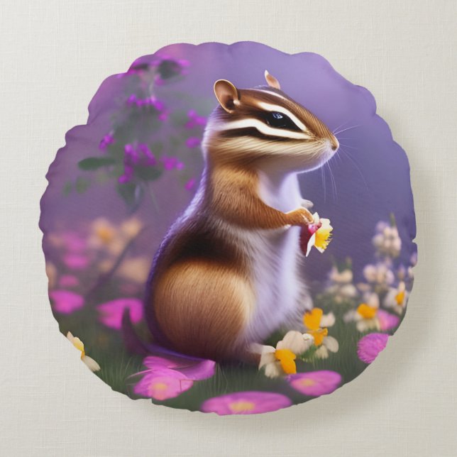 Cute Chipmunk in Flowers  Round Pillow (Front)