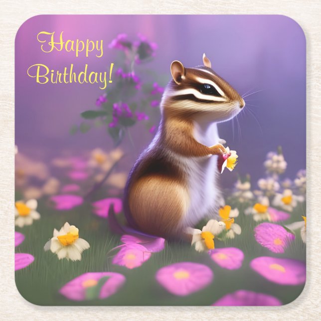 Cute Chipmunk in Flowers  Square Paper Coaster (Front)
