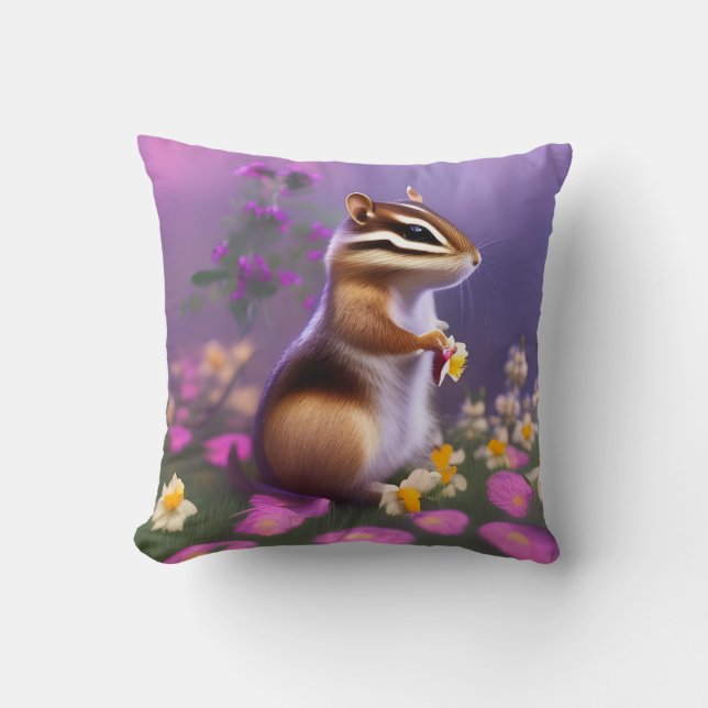 Cute Chipmunk in Flowers Throw Pillow (Front)