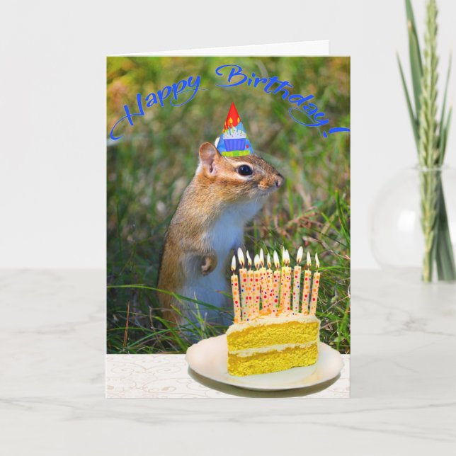 Cute chipmunk in party hat birthday card (Front)