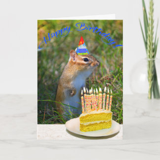 Cute chipmunk in party hat birthday card