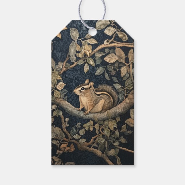 Cute Chipmunk in William Morris Style Forest Gift Tags (Front)