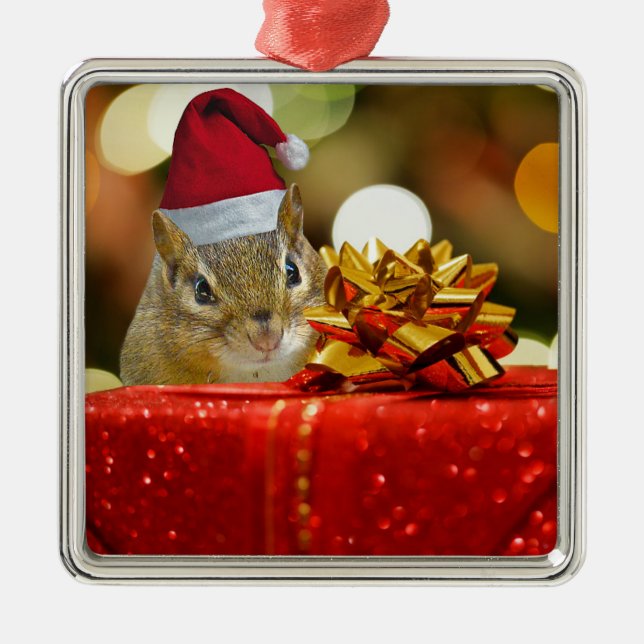 Cute Chipmunk Merry Christmas Metal Ornament (Front)