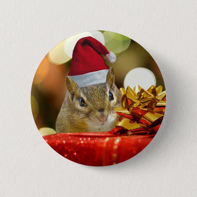 Cute Chipmunk Merry Christmas Pinback Button (Front)