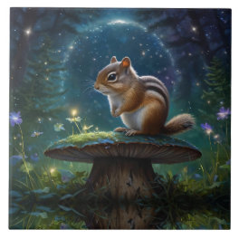 Cute Chipmunk on Mushroom in Moonlight Ceramic Tile