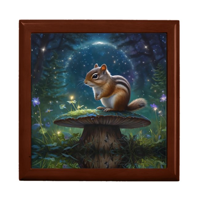 Cute Chipmunk on Mushroom in Moonlight Gift Box (Front)